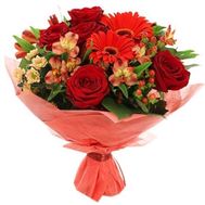 Букет із 5 троянд, 6 альстромерій і 2 гербери