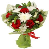 Букет квітів із 7 троянд, 3 хризантеми і 7 альстромерій