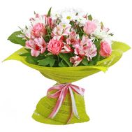Букет із 7 троянд, 5 альстромерій і 3 хризантем