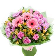 Букет із 7 троянд, 6 альстромерій, 3 хризантем і 3 гербер