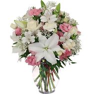 Букет квітів із 5 троянд, 5 альстромерій, 16 гвоздик і 1 лілії