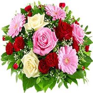 Букет квітів із 9 троянд, 3 гербер та 7 гвоздик