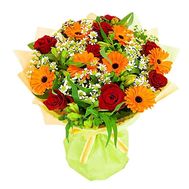 Букет квітів із 9 троянд, 7 гербер та 5 альстромерій