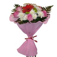 Букет із 6 роз, 4 хризантеми і 1 гербера