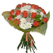Букет із 15 троянд, 9 хризантем і 5 альстрмоерій