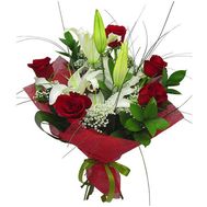 Букет квітів із 4 троянд і 1 лілії