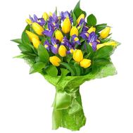 Букет квітів із 19 тюльпанів і 10 ірисів