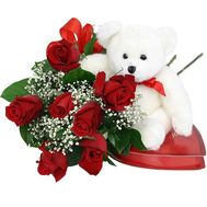 Букет квітів із 7 червоних троянд з м''якою іграшкою Ведмедик'