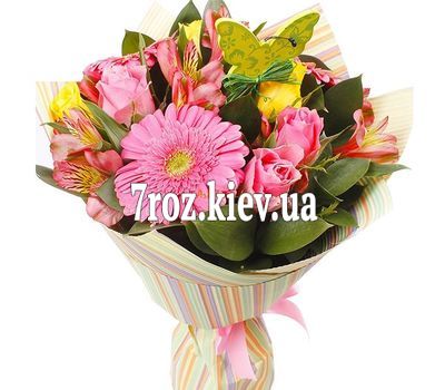 Букет із 5 троянд, 5 альстромерій, 3 гербери