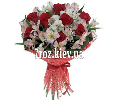 Букет із 7 троянд і 6 альстромерій
