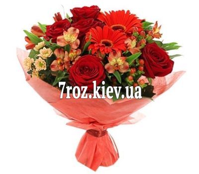Букет із 5 троянд, 6 альстромерій і 2 гербери