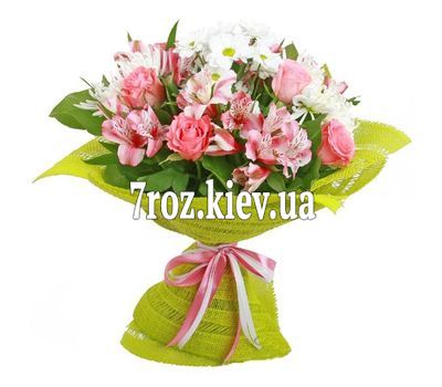 Букет із 7 троянд, 5 альстромерій і 3 хризантем