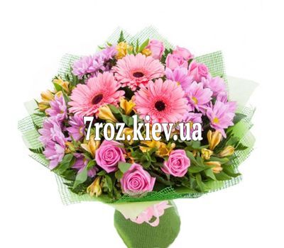 Букет із 7 троянд, 6 альстромерій, 3 хризантем і 3 гербер