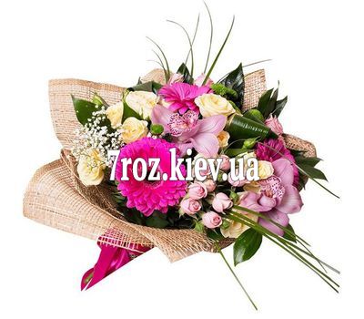 Букет із 2 орхідей, 5 троянд, 1 хризантема і 3 гербери