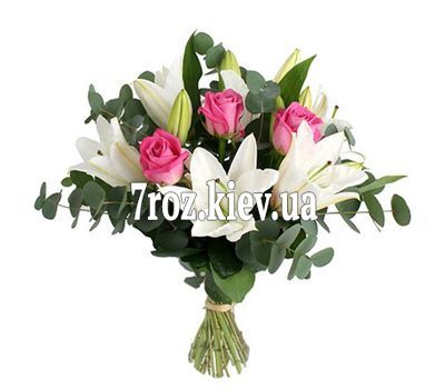 Букет із 4 лілій і рожевих троянд