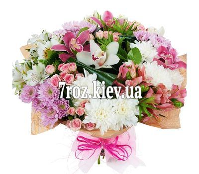 Букет із 5 троянд, 6 альстромерій і 2 гербери