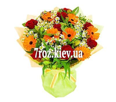 Букет квітів із 9 троянд, 7 гербер та 5 альстромерій