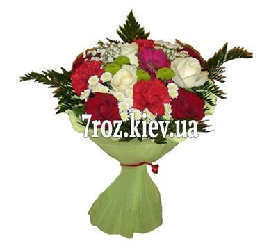 Букет із 7 троянд, 3 гвоздики, 4 хризантеми і 1 гербера