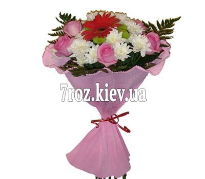 Букет із 6 роз, 4 хризантеми і 1 гербера