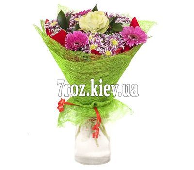 Букет із 1 троянди, 3 гербер та 3 хризантем