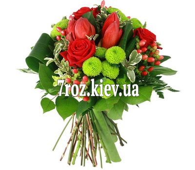 Букет із 5 троянд, 3 тюльпанів і 3 хризантем