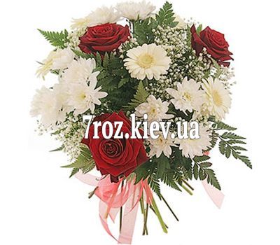 Букет квітів із 3 троянд, 3 хризантеми і 3 гербер
