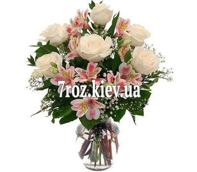 Букет квітів із 6 роз і 5 альстромерій