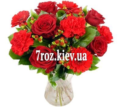 Букет квітів із 6 роз, 4 гвоздик і 3 гербер