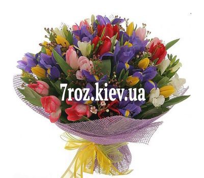 Букет із 21 тюльпана і 14 ірисів