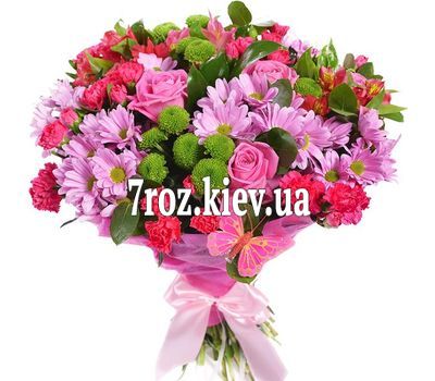 Букет із 5 троянд, 6 альстромерій і 2 гербери