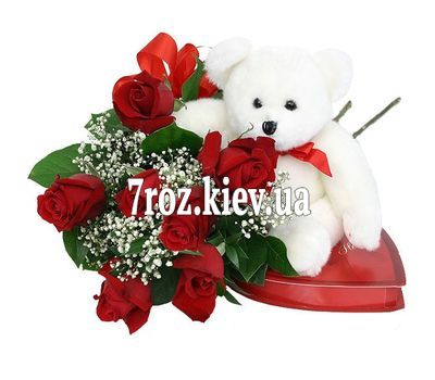Букет квітів із 7 червоних троянд з м''якою іграшкою Ведмедик'