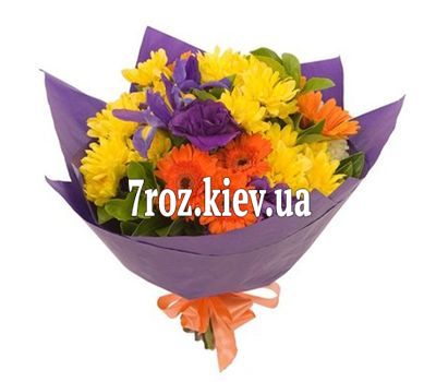 Букет із 5 гербер, 5 хризантем і 5 ірисів